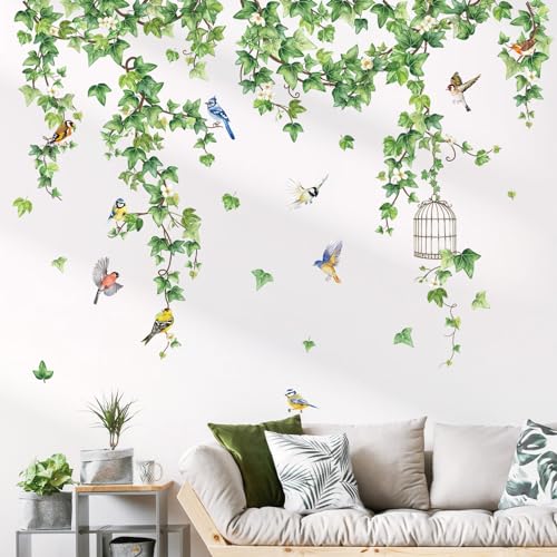 decalmile Wandtattoo Hängende Rebe Grün Wandaufkleber Blätter Blumen Pflanzen Vögel Wandsticker Wohnzimmer Schlafzimmer Esszimmer Wanddeko