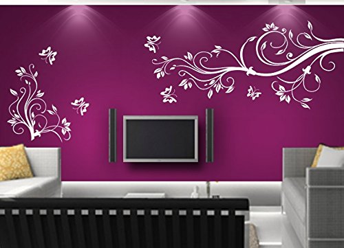 Wandtattoo 2-teilig wandaufkleber Aufkleber Wandsticker wall sticker Wohnzimmer Schlafzimmer Kinderzimmer Ranke Blume Blumen Blumenranke Blumeranke Vine Flower Butterfly Schmetterling floral 30 Farben zur Wahl wpf02 (Printed Sticker,ca.20 x 8cm )