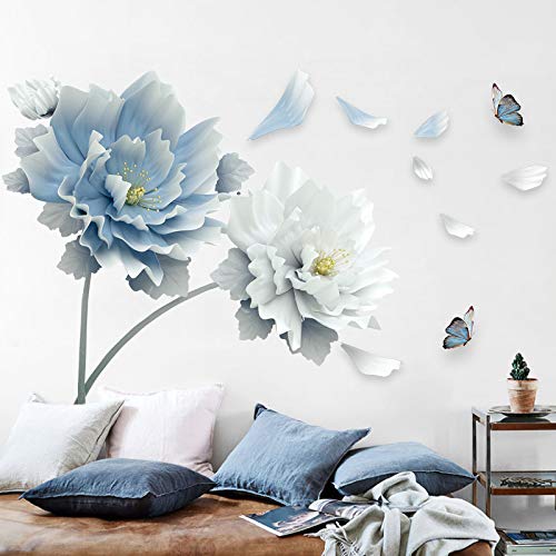 COVPAW® Wandtattoo Wandaufkleber XXL Pfingstrose Blau Weiß Peony Blumen Wandsticker Wandbild Bilder Wohnzimmer Schlafzimmer Deco