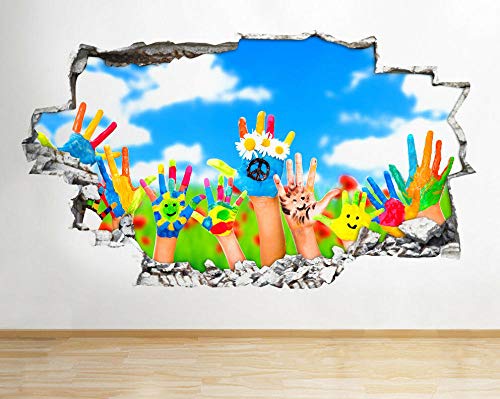 Wandtattoo - Hände Malen Glückliche Bunte Kinderzimmer-Loch-Wandtattoo -Kunst-Aufkleber Vinyl 3D Aufkleber für die Wand - Wanddekoration - 80x125cm