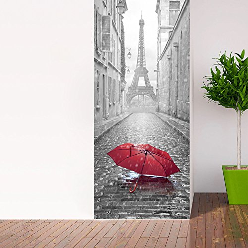 Wandtattoo Tür – Regenschirm in eine Straße von Paris – 204 x 83 cm