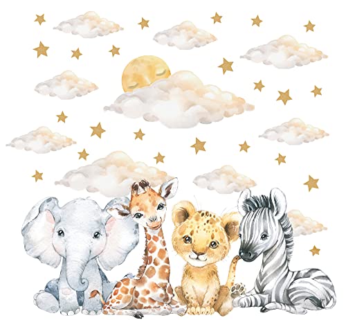 Pandawal Wandaufkleber Kinderzimmer Babyzimmer Deko Wandtattoo Baby Safari Tiere Wolken Mond Sterne Wanddeko (L)