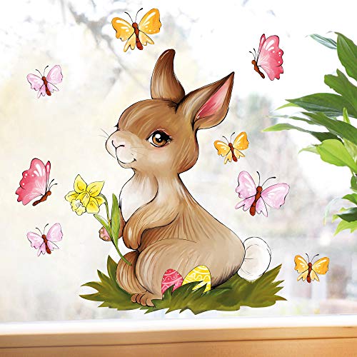Wandtattoo-Loft Fensterbild Frühling Hase Blume Schmetterlinge Wiederverwendbare Fensteraufkleber Ostern