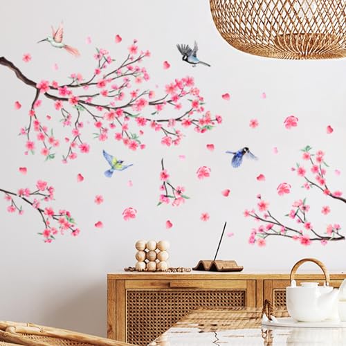 Decalmile Wandtattoo Blumen Wandsticker Wohnzimmer Tattoo für Schlafzimmer Wandtattoo Kirschblüte Wandtattoo Kinderzimmer Mädchen geeignet für Kinderzimmer, Mädchen-Wanddekoration