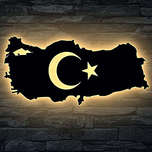 Türkei Karte mit türkischem Led Wappen Emblem Türkiye Schlummerlicht Nachtlicht Deko Stern und Halbmond Turkey Geschenk für Freunde zum Geburtstag aus MDF Holz