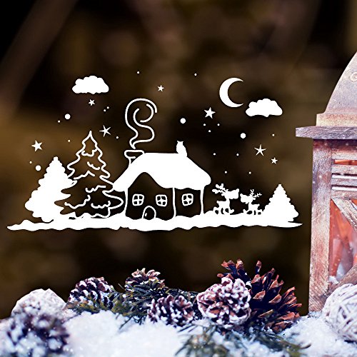 Wandtattoo Fensteraufkleber Winter Häuschen mit Hirschen/weiß / 20 cm hoch x 37 cm breit