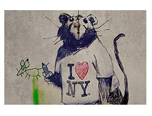 Banksy Art Ich liebe New York T-Shirt Ratte Akustikbild Lustige Kunstdrucke auf Leinwand Wandbild Wanddekoration für Wohnzimmer Schlafzimmer 60x90cm(24x35in) Ungerahmt