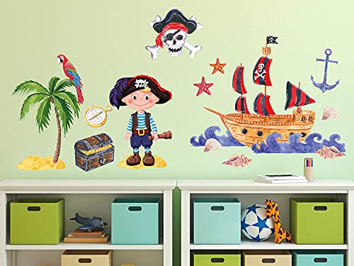 Wandtattoo Piraten Welt Kinderzimmer Junge, Wandaufkleber für Jungenzimmer, Wandsticker Jungs Pirat Schiff Insel Deko selbstklebend 100x57cm