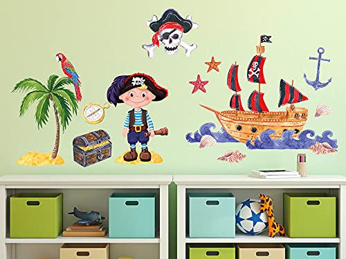 GRAZDesign Wandtattoo Piraten Welt Kinderzimmer Junge, Wandaufkleber für Jungenzimmer, Wandsticker Jungs Pirat Schiff Insel Deko selbstklebend