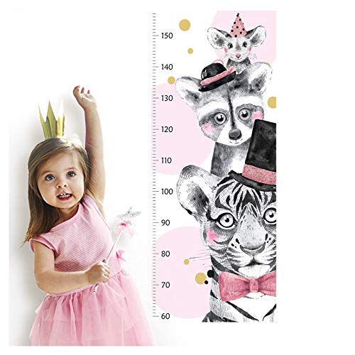 Little Deco Wandtattoo Wandsticker Kinderzimmer Mädchen Messlatte | 150 cm Tiger Waschbär Maus rosa | Waldtiere Kinder Aufkleber Wanddeko DL348