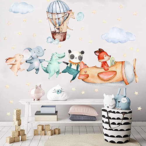 TOARTI Flugzeug Tier,Lichtfarbe Babyzimmer,Wandaufkleber Tiere,104x30 cm (BxH),DIY Elefant Giraffe Panda für Junge Mädchen Schlafzimmer Wanddeko
