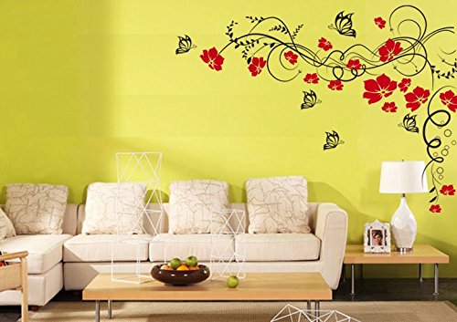 Wandtattoo 2-farbig Wandaufkleber Aufkleber Wandsticker wall sticker Wohnzimmer Schlafzimmer Kinderzimmer Ranke Blume Blumen Blumenranke Blumeranke Vine Flower Butterfly Schmetterling floral 30 Farben zur Wahl wpf13 (030 dunkelrot, Größe2:ca.100x78cm)