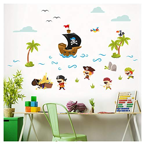 Little Deco Aufkleber Piraten Schiff & Schatz I Wandbild S - 68 x 43 cm (BxH) I Wandtattoo Kinderzimmer Junge Babyzimmer Deko Wandaufkleber Baby Sticker DL330