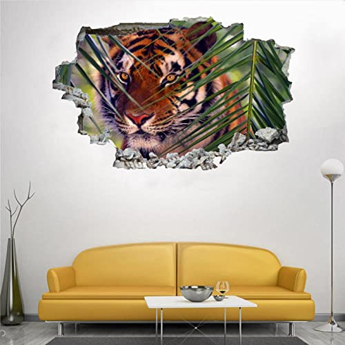 Tiger 3D Wandtattoo Mauerloch Wandsticker Wandaufkleber Durchbruch Blätter selbstklebend Schlafzimmer Wohnzimmer Wanddeko fürs Kinderzimmer 75X116cm