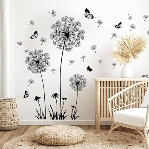 Löwenzahn Wandsticker,Schwarz Wandtattoo Pusteblumen für Wanddeko,Wandsticker Wohnzimmer Pflanzen Blumen Löwenzahn Schmetterlinge,Wandsticker Schlafzimmer Wohnzimmer Sofa Hintergrund Wanddeko