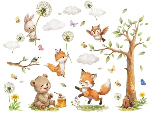TOARTI Wandtattoo für Kinderzimmer,Waldtiere Baum Wandsticker,Cartoon Tiere Wandaufkleber Babyzimmer 100x80cm,DIY Dschungel Tiere Eule Hirsch Wandaufkleber für Junge Mädchen Schlafzimmer Wanddeko