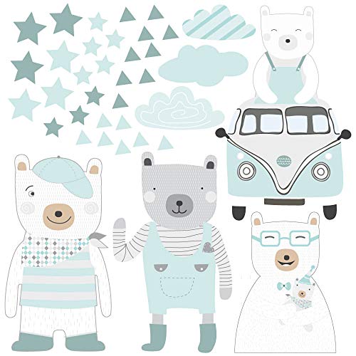 40-teiliges Bären MEGA Set Mintgrün - 40-teilig Wandsticker Wandaufkleber Wandtattoo Tiere Fuchs Bär Indianer Kinderzimmer Babyzimmer Kinder Baby Mädchen Junge Tapetensticker A100)