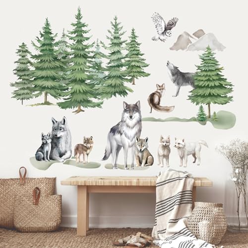 wondever Wandtattoo Wald Bäume Tiere Wolf Wandaufkleber Baum Kiefer Wolf Familie Wandsticker Wanddeko für Wohnzimmer Schlafzimmer Sofa Hintergrundwand