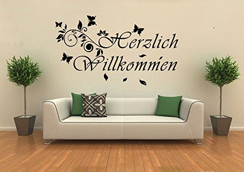Wandtattoo wandaufkleber Aufkleber Wandsticker wall sticker Wohnzimmer Schlafzimmer Kinderzimmer 30 Farben zur Wahl Wandtext Wandwort Wandspruch spruch Zitat Willkommen ranke schmetterlinge wzt21(073 dunkelgrau, Größe2:ca.100x40cm )