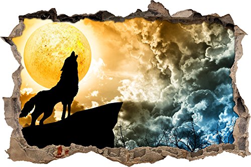 Pixxprint 3D_WD_S2771_92x62 heulender Wolf mit leuchtendem Mond Wanddurchbruch 3D Wandtattoo, Vinyl, bunt, 92 x 62 x 0,02 cm