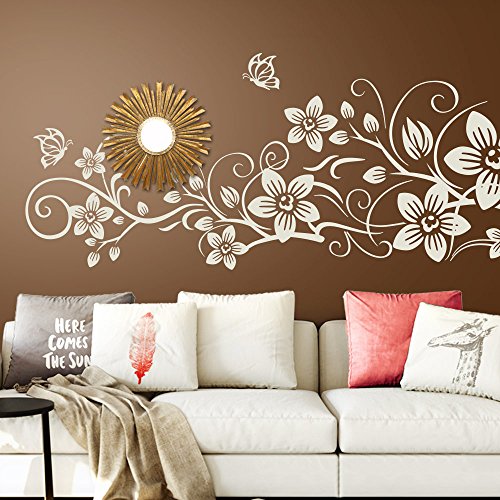 Wandora Wandtattoo Blumenranke & Schmetterlinge I weiß (BxH) 58 x 29 cm I Ranke mit Blumen Wohnzimmer Flur Aufkleber Sticker Wandaufkleber Wandsticker G076