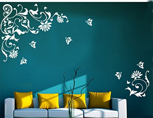 Wandtattoo 2-teilig wandaufkleber Aufkleber Wandsticker wall sticker Wohnzimmer Schlafzimmer Kinderzimmer Ranke Blume Blumen Blumenranke Blumeranke Vine Flower Butterfly Schmetterling floral 30 Farben zur Wahl wpf39(Printed Sticker,ca.20 x 8cm)