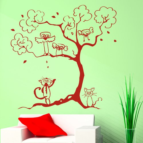 Vogel Katzen Baum – Wandtattoo / 49 Farben / 4 Größen / Qualitätsprodukt / shellgelb / 80 x 81 cm