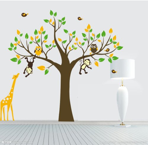 Colorfulworld® XXXL! Affe Giraffe & Eule spielen auf PVC Wandaufkleber Wandsticker Geschenk 180cm(H)(groß)