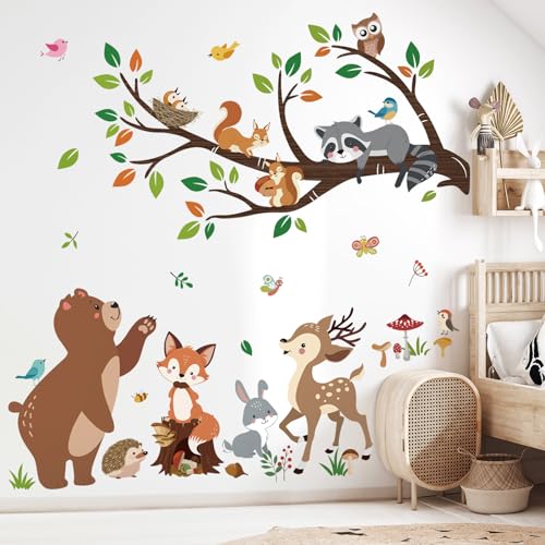 decalmile Wandtattoo Waldtiere Baum Zweig Wandaufkleber Bär Hirsch Fuchs Waschbär Wandsticker Babyzimmer Kinderzimmer Schlafzimmer Wanddeko