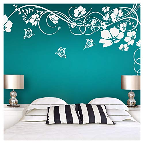 Wandaro Wandtattoo Blumenranke I weiß (BxH) 190 x 104 cm I Schmetterlinge Blumen Wohnzimmer Schlafzimmer Aufkleber Wandaufkleber Wandsticker Sticker E020