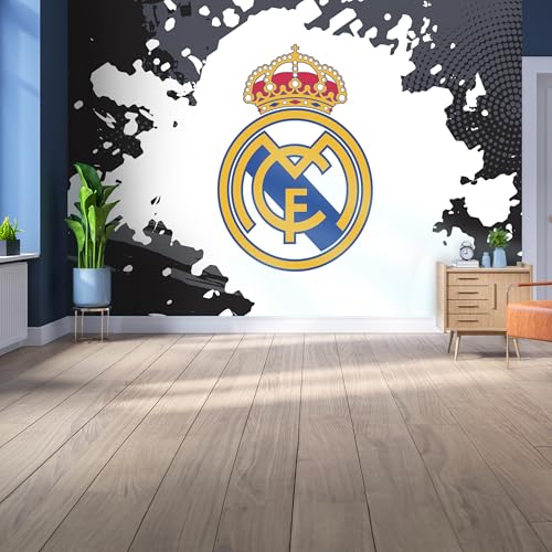 Lizenziertes Decor Real Madrid Vinyl-Wandbild, mittelgroß, 185 cm (H) x 100 cm (B) – komplettes Wappen auf Farbspritzer, Schwarz und Grau