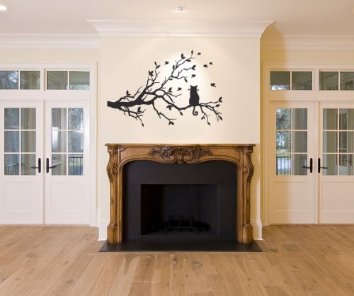 Katze auf ein Zweig mit Vögel Wandsticker Aufkleber Wohnzimmer Dekoration - Lila Glanz, L
