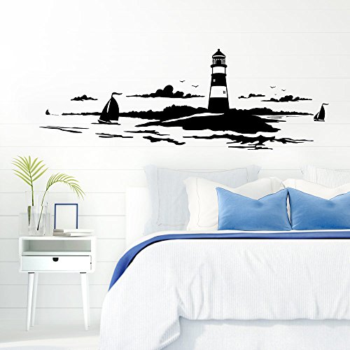 Grandora Skyline Küstenlandschaft Leuchtturm I schwarz 90 x 30 cm I Bad Wohnzimmer Schlafzimmer Aufkleber Wandaufkleber Wandsticker Modern W974