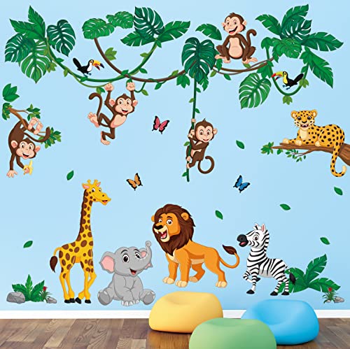 DECOWALL DSL-8069 Dschungel Tier Cartoon Wandsticker Kinder Wandtattoo Kinderzimmer Kinderzimmer Mädchen Junge Baby Baum Wald Wald Zuhause Löwe Tiger Affe