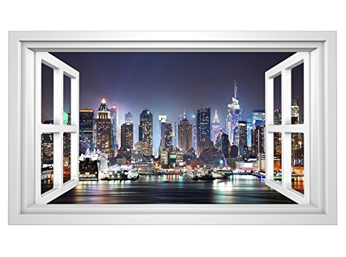 3D Wandmotiv New York Fenster Skyline USA Bildfoto Wandbild Wandsticker Wandtattoo Wohnzimmer Wand Aufkleber 11E363, Wandbild Größe E:ca. 168cmx98cm
