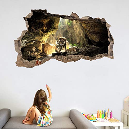 Kuletkear Tiere Wandbilder Wandtattoo 3D Tiger In Der Höhle H 70 x B 116 cm Fensterdeko Bilder Mädchen Aufkleber selbstklebend Fenstersticker Wandtattoo Kinderzimmer Deko
