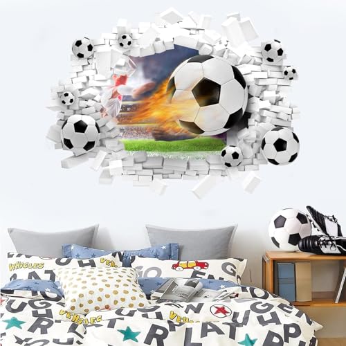 HPNIUB 3D Fussball Wandtattoo,Durchbruch Wandaufkleber für Kinderzimmer Jungen, 73.9×55.8CM,Bunte Fußball Wandbild,Wandtattoo Junge Teenager,Videospiel Wandstikcer für Schlafzimmer Deko Geschenk