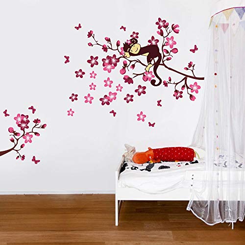 Walplus Wandtattoo für das Kinderzimmer, schlafender AFFE auf Baum mit rosa Blüten
