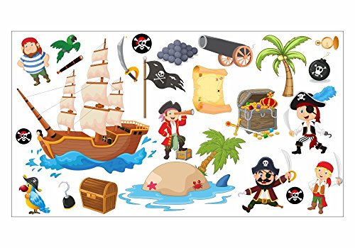 nikima Schönes für Kinder 063 Wandtattoo Pirat Kapitän Schiff Insel Schatztruhe - in 6 Größen - Kinderzimmer Sticker Wandaufkleber Wandsticker Wanddeko Wandbild Junge Mädchen - Größe 1000 x 560 mm
