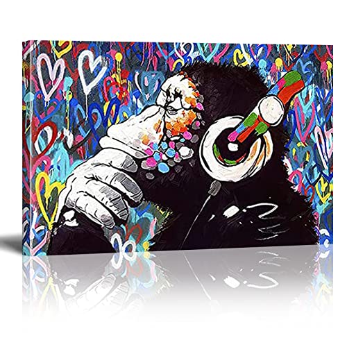 Banksy Bilder Leinwand Akustikbild DJ Affe 1 Teilig 60x40 cm Graffiti Streetart Bilder LeinwandBild Auf Keilrahmen XXL Wandbild Poster Pop Art bunt für Wohnzimmer Schlafzimmer Dekor