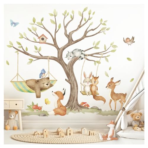 Little Deco Wandsticker Waldtiere Baum Wandtattoo für Babyzimmer Bär Fuchs REH Wandaufkleber Kinderzimmer Schlafzimmer Wanddeko DL5073-04