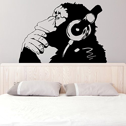 (240x 167cm) Banksy Vinyl Wand Aufkleber Affe mit Kopfhörer/One Farbe Chimp Musik hören in Kopfhörer/Street Graffiti Aufkleber + Gratis Aufkleber Geschenk