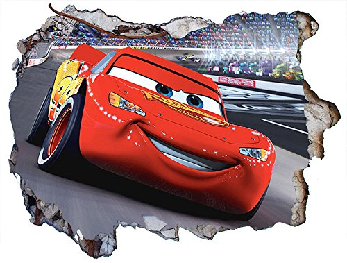 Cars Lightning McQueen 3D Wall Crack Wall Smash V001 Wandtattoo, selbstklebend, Größe 1000 mm breit x 600 mm tief (groß)