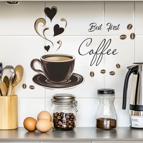 HGDESIGN® Wandtattoo Wandaufkleber Kaffee Zeit But First Coffee Eule Cappuccino Wandsticker Wanddeko für Küche Esszimmer (F)