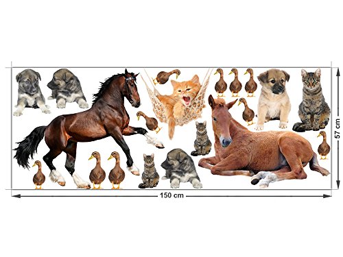 Wandtattoo Kinderzimmer Tiere Pferde Hunde Enten Katzen (150x57cm)