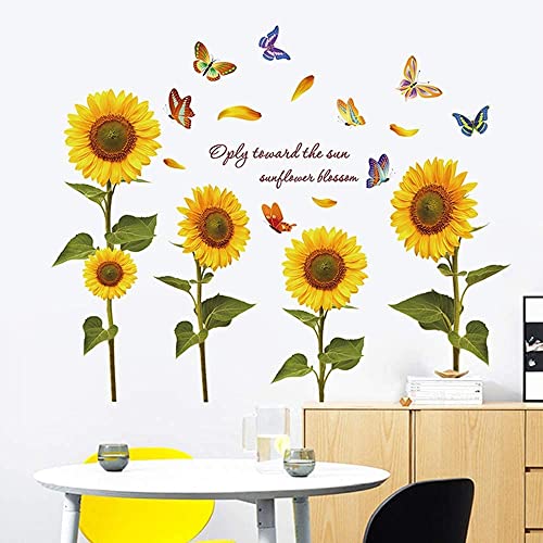 Tanlaby Sonnenblume Wandtattoo Gelbe Blume Wandsticker Bunter Schmetterling Pflanze Wandaufkleber für Wohnzimmer Schlafzimmer Büros Sofa Hintergrund Hause Wanddekoration