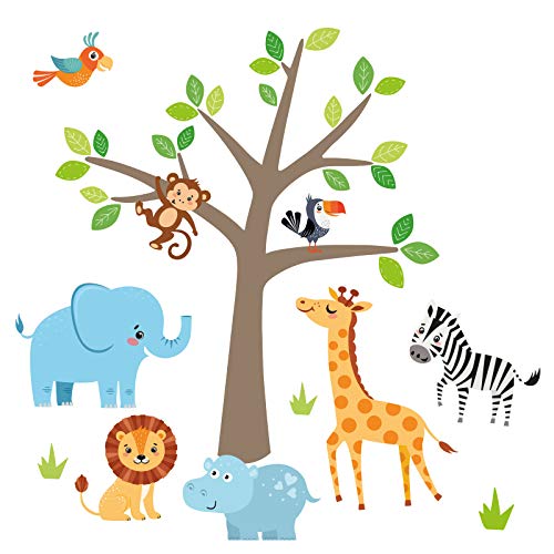 Little Deco Wandaufkleber Safari Dschungeltiere & Baum I Wandbild 93 x 56 cm (BxH) I Giraffe Sticker Löwe Wandtattoo Babyzimmer Junge Deko Kinderzimmer DL524-4