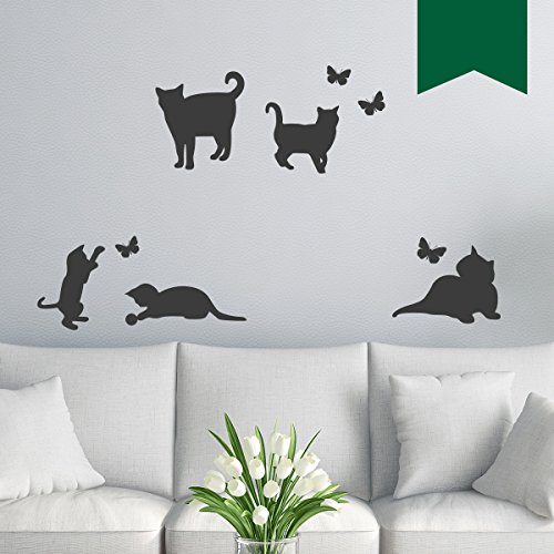 WANDKINGS Wandtattoo 5 Katzen und 4 Schmetterlinge im Set 92 x 115 cm dunkelgrün - erhältlich in 33 Farben
