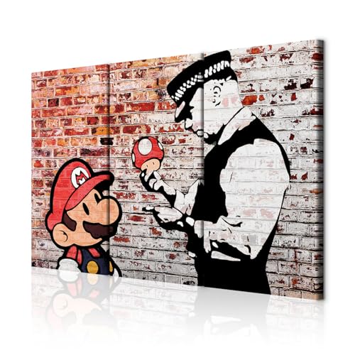 decomonkey Akustikbild Premium Mario and Cop Banksy 135x90 cm 3 Teilig Kunst Akustikpaneele Akustikdämmung Schallschlucker Schallabsorber Schalldämmung Akustikplatten Street Art