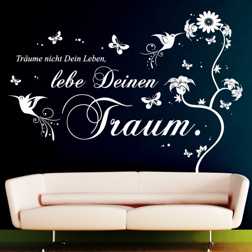 Wandtattoo: Zitat „Träume nicht dein Leben, lebe deinen Traum“ mit Blumen / 49 Farben / 4 Größen / kupfer / 115 x 166 cm